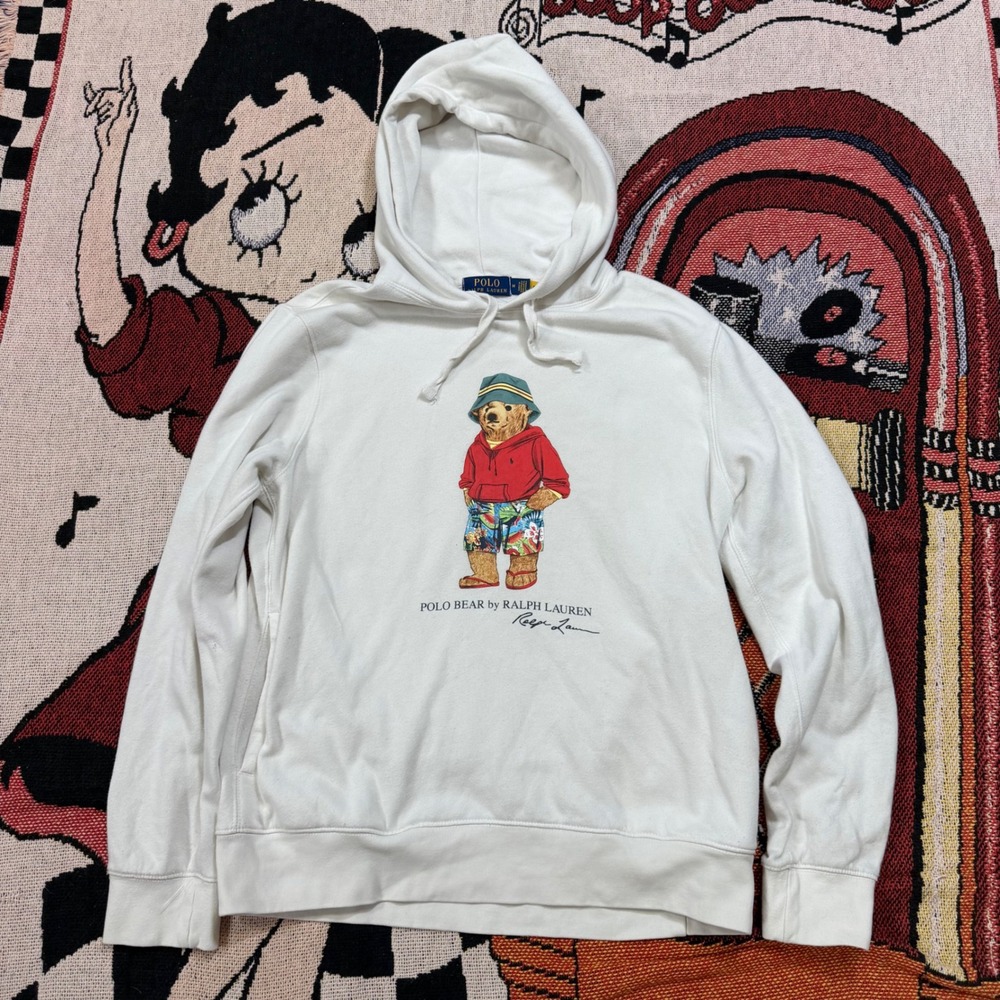Polo Ralph Lauren White Polo Bear Vacation Graphic Hoodie Mens Medium